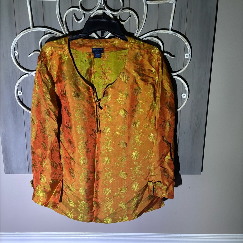 Blue Dragon by Rita Stein Ikebana Inspired Orange & Yellow Women's Asian Tunic M